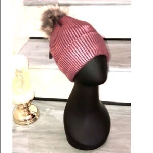 Metallic Pink Slouchy Stretch Faux Fur Pom Pom Beanie Hat New OSFA